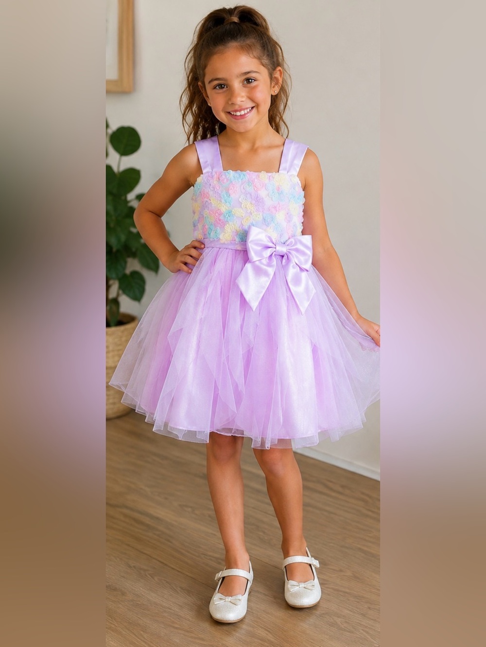 Lavender Tulle Party Dress with Pastel Floral Bodice